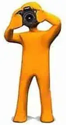 Immagine di un'icona antropomorfa con sembianze di personaggio arancione che scatta una foto, stile cartoon.