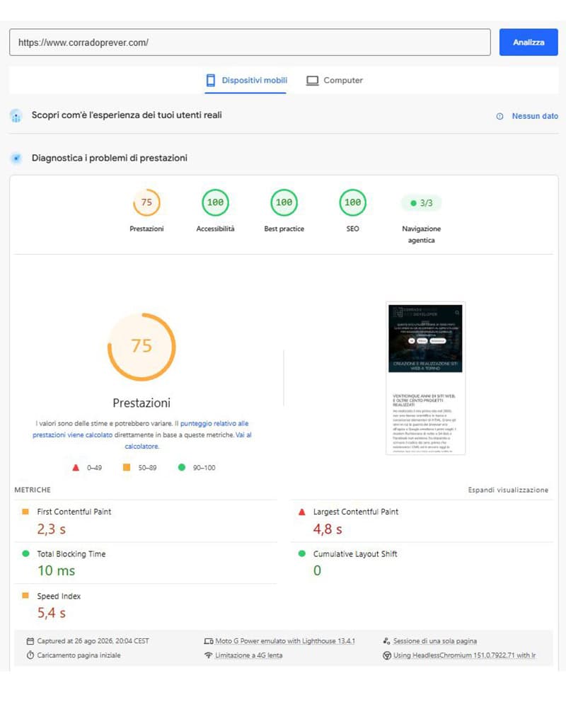 Punteggi PageSpeed Insights su connessione mobile lenta