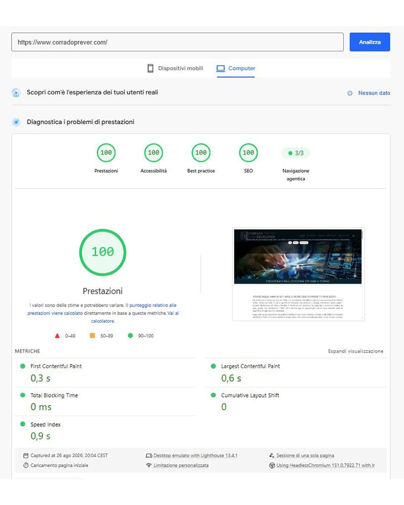 Punteggi PageSpeed Insights su desktop, con i valori dei Core Web Vitals