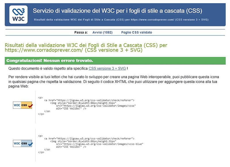 Esito della validazione CSS secondo le specifiche W3C, nessun errore rilevato