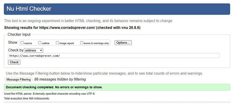 Esito della validazione HTML di una pagina del sito, nessun errore rilevato